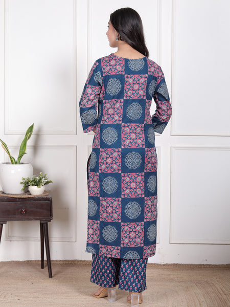 Blue Printed Cotton Straight Kurta Set with Dupatta & Printed Pants