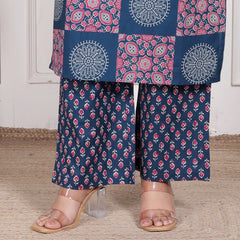 Blue Printed Cotton Straight Kurta Set with Dupatta & Printed Pants