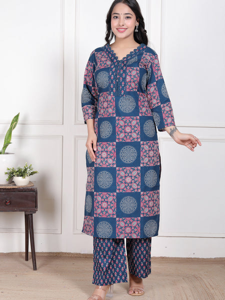 Blue Printed Cotton Straight Kurta Set with Dupatta & Printed Pants