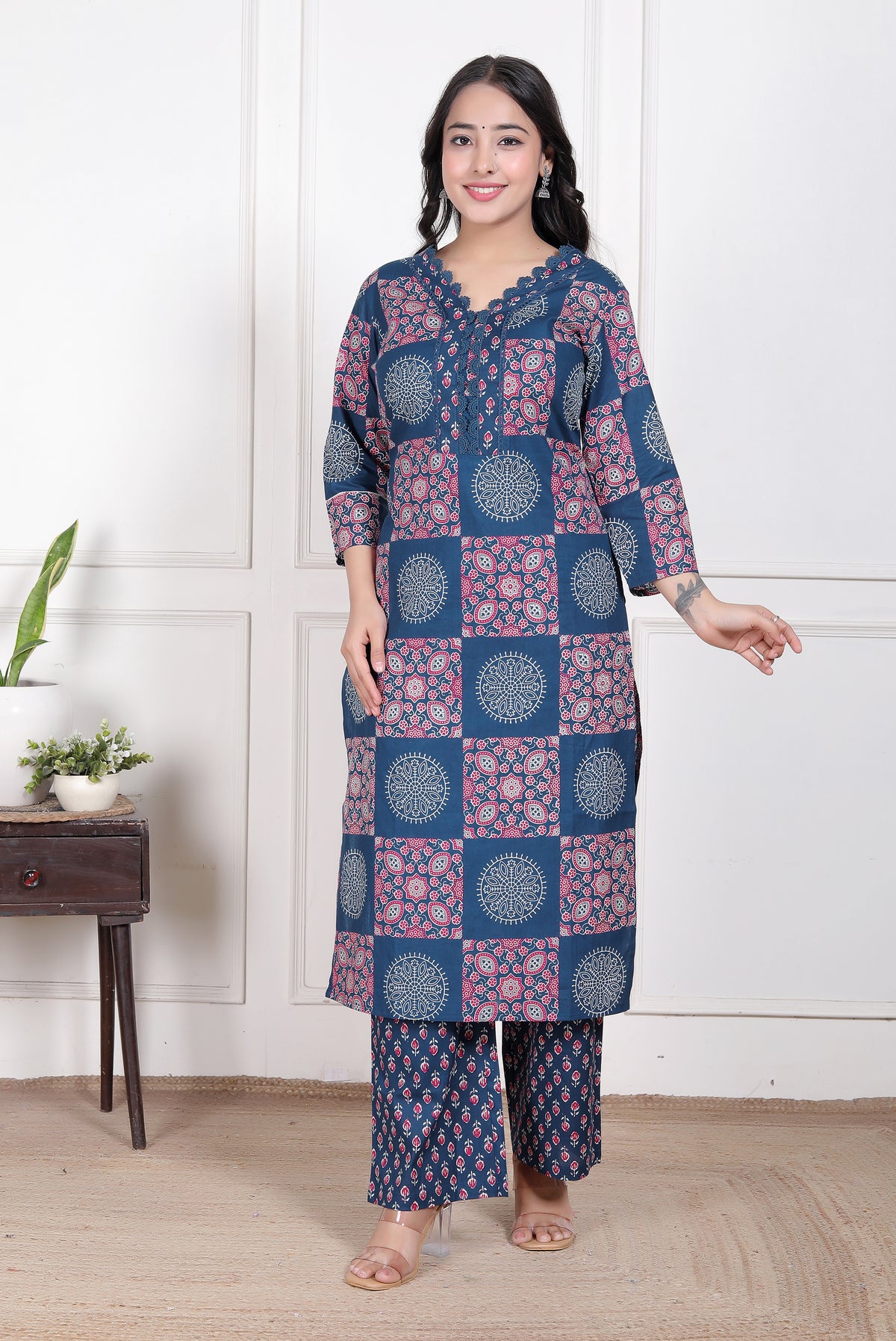 Printed Cotton Straight Kurta Set with Dupatta & Printed Pants