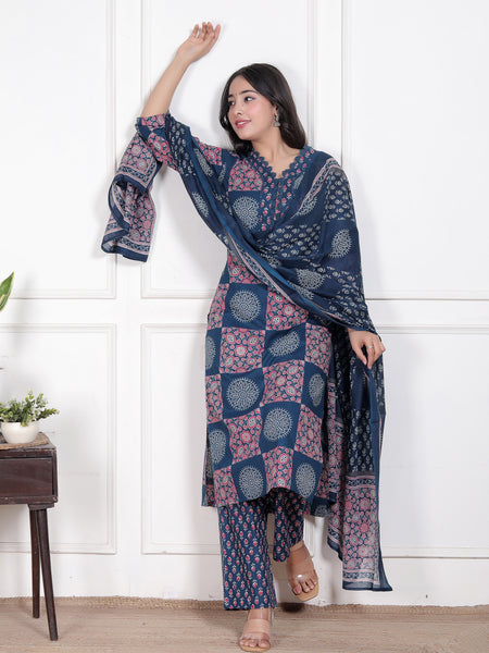 Blue Printed Cotton Straight Kurta Set with Dupatta & Printed Pants