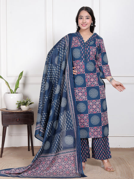 Blue Printed Cotton Straight Kurta Set with Dupatta & Printed Pants