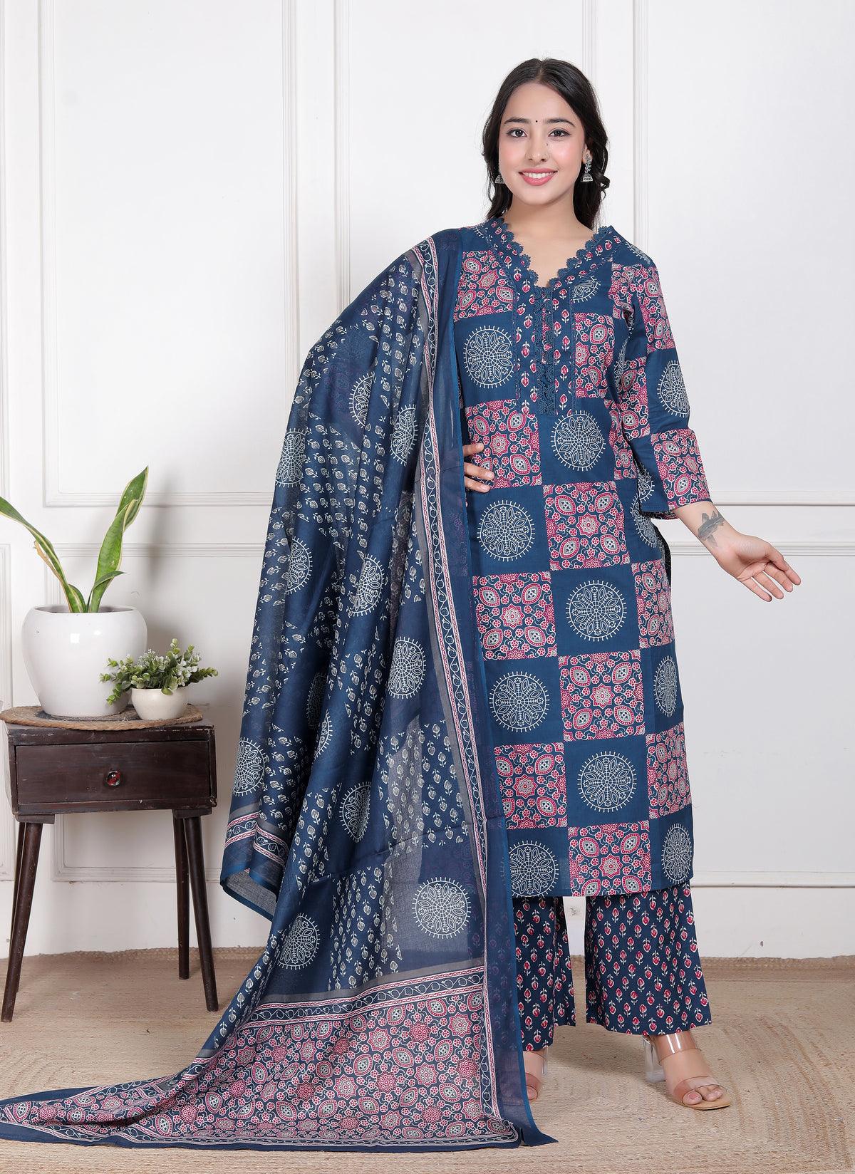 Printed Cotton Straight Kurta Set with Dupatta & Printed Pants