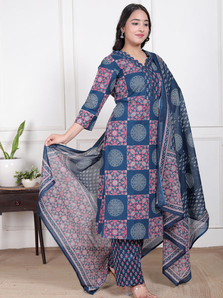 Blue Printed Cotton Straight Kurta Set with Dupatta & Printed Pants