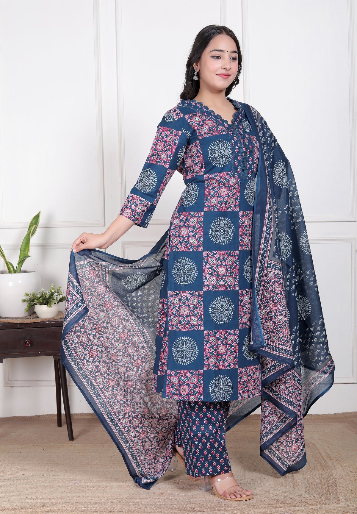 Printed Cotton Straight Kurta Set with Dupatta & Printed Pants