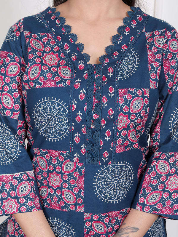 Blue Printed Cotton Straight Kurta Set with Dupatta & Printed Pants