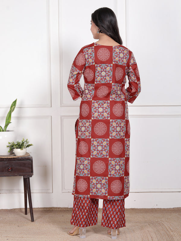 Blue Printed Cotton Straight Kurta Set with Dupatta & Printed Pants