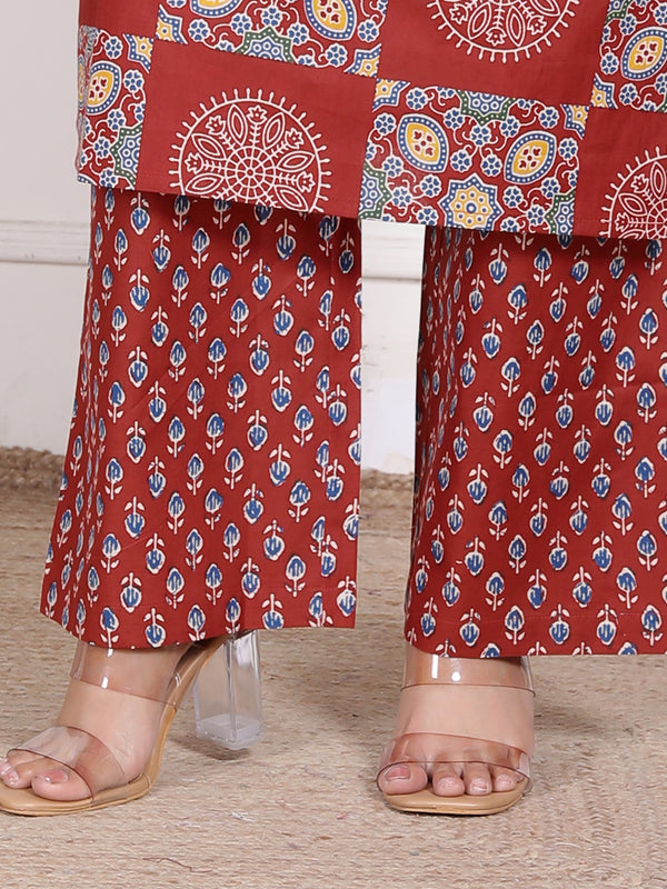 Blue Printed Cotton Straight Kurta Set with Dupatta & Printed Pants