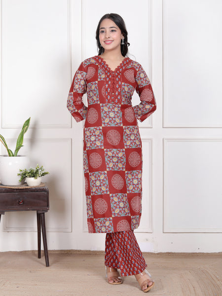 Maroon Printed Cotton Straight Kurta Set with Dupatta & Printed Pants
