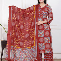 Blue Printed Cotton Straight Kurta Set with Dupatta & Printed Pants