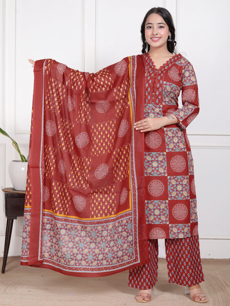 Maroon Printed Cotton Straight Kurta Set with Dupatta & Printed Pants