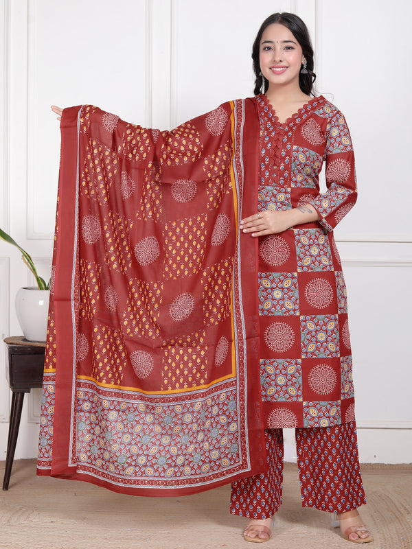 Blue Printed Cotton Straight Kurta Set with Dupatta & Printed Pants