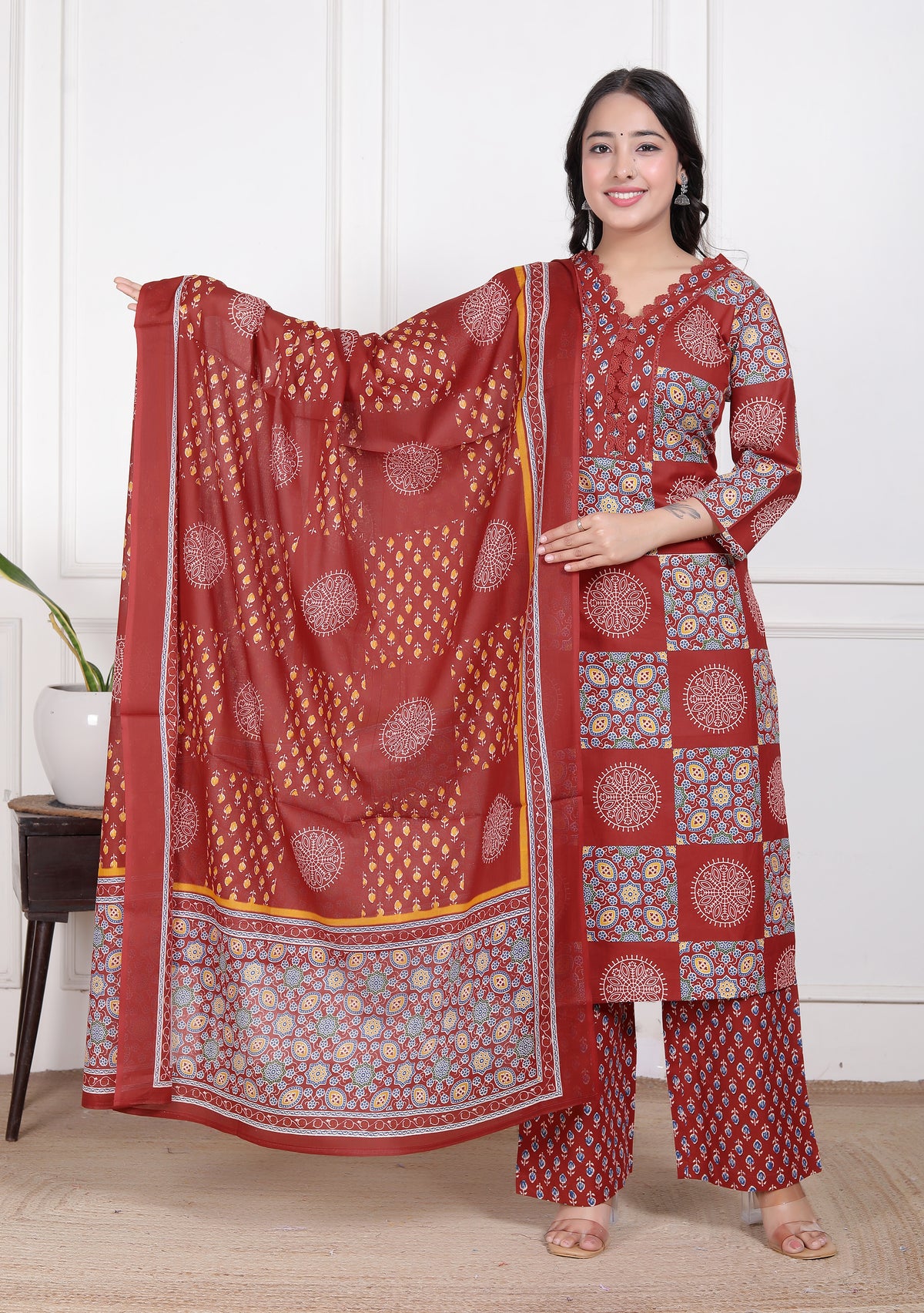 Printed Cotton Straight Kurta Set with Dupatta & Printed Pants
