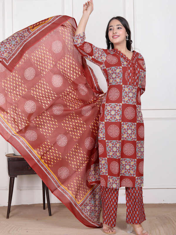 Blue Printed Cotton Straight Kurta Set with Dupatta & Printed Pants