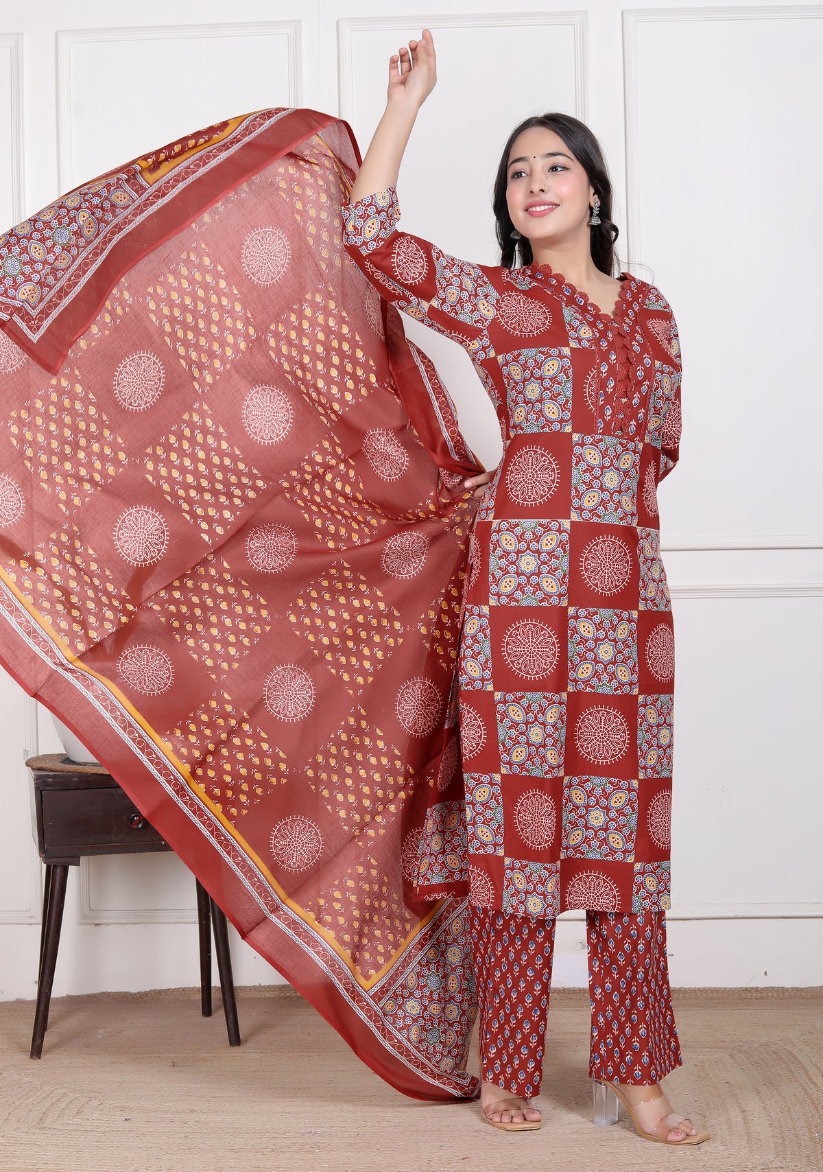 Printed Cotton Straight Kurta Set with Dupatta & Printed Pants