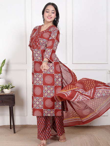 Maroon Printed Cotton Straight Kurta Set with Dupatta & Printed Pants