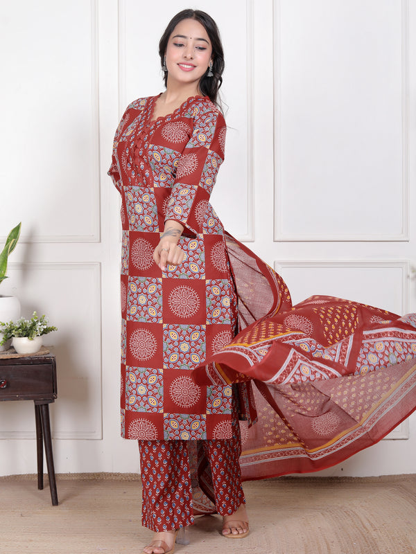 Blue Printed Cotton Straight Kurta Set with Dupatta & Printed Pants