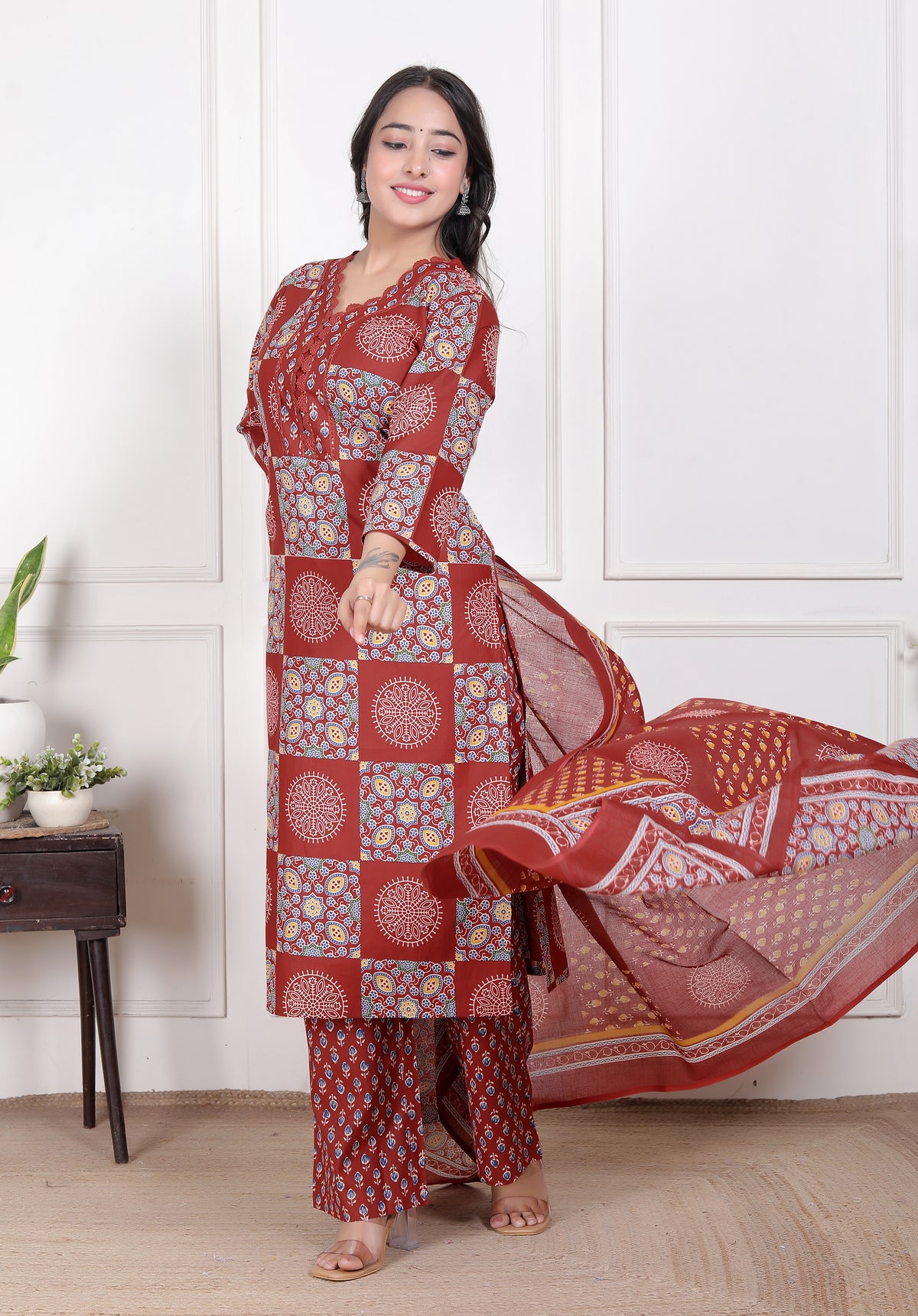 Printed Cotton Straight Kurta Set with Dupatta & Printed Pants