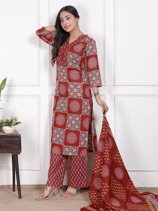 Blue Printed Cotton Straight Kurta Set with Dupatta & Printed Pants