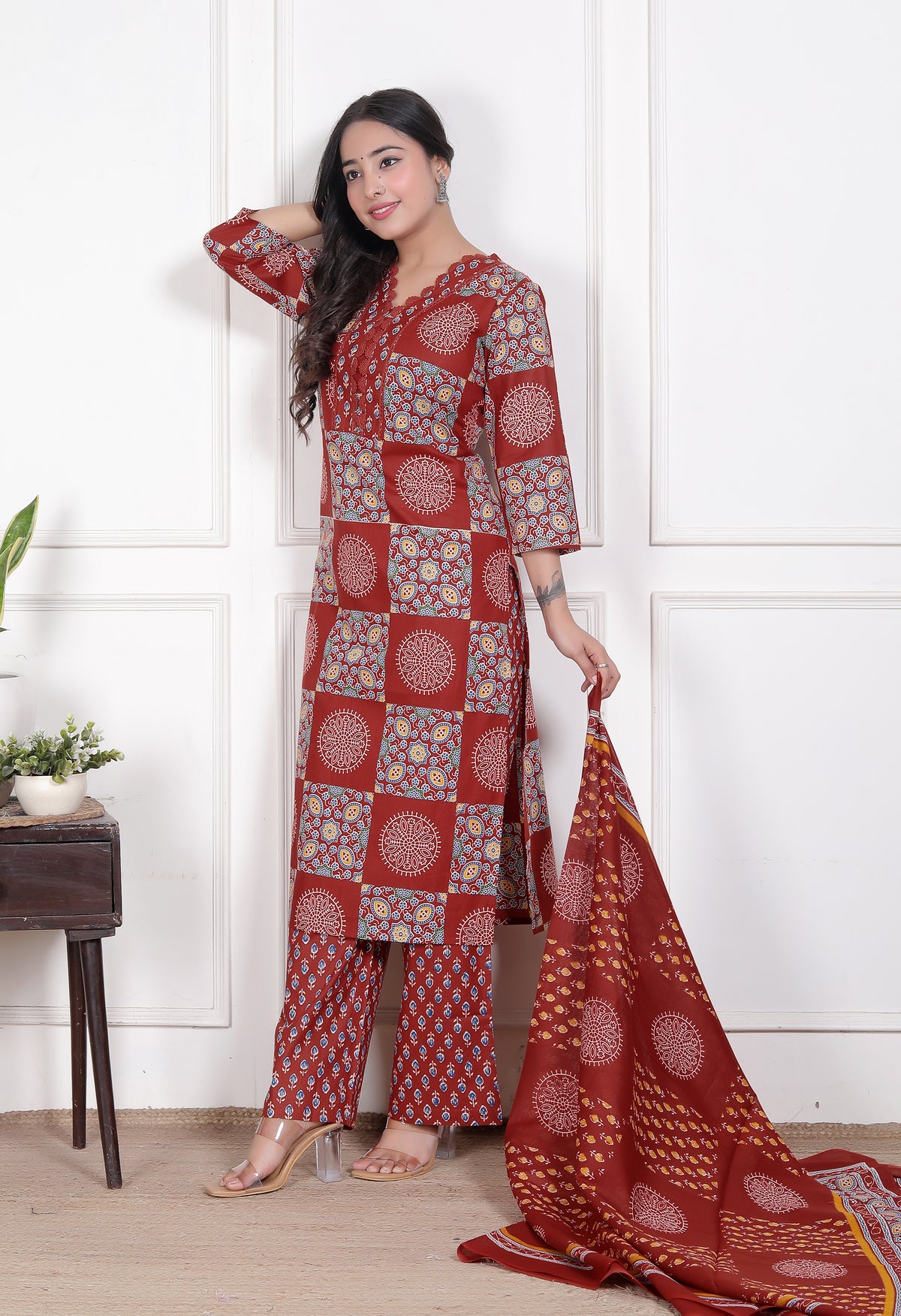 Printed Cotton Straight Kurta Set with Dupatta & Printed Pants