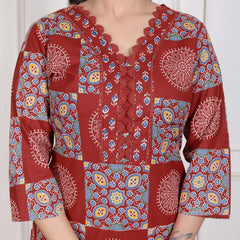 Blue Printed Cotton Straight Kurta Set with Dupatta & Printed Pants