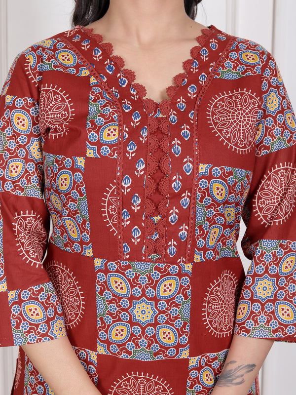Blue Printed Cotton Straight Kurta Set with Dupatta & Printed Pants