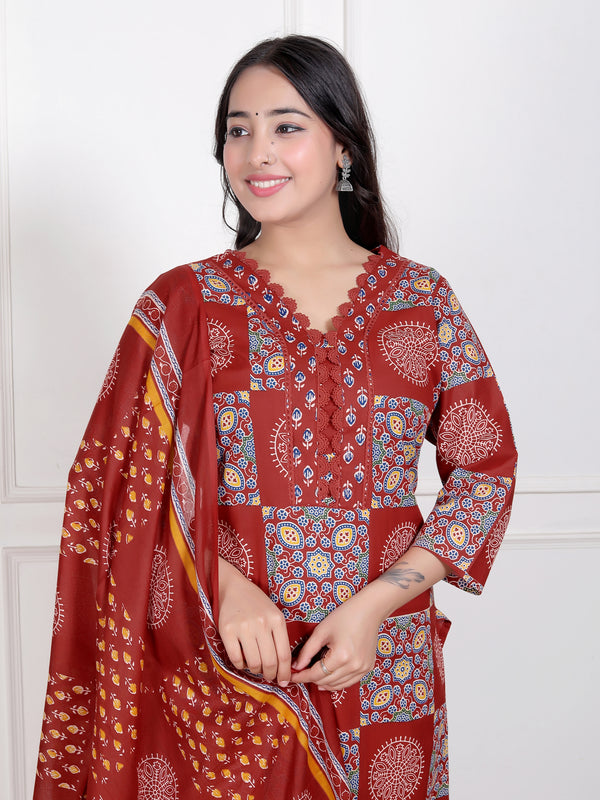 Blue Printed Cotton Straight Kurta Set with Dupatta & Printed Pants