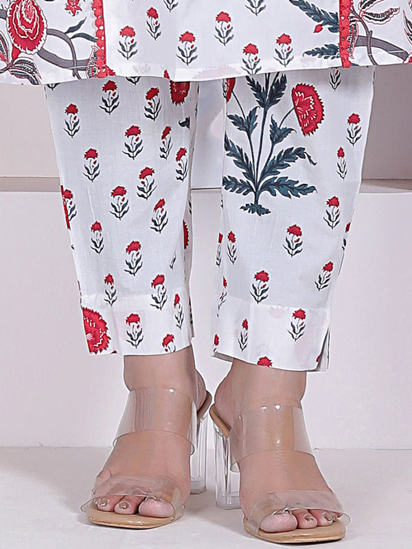 Red Floral Printed Cotton Straight Kurta Pant Set with Printed Dupatta