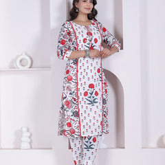 Red Floral Printed Cotton Straight Kurta Pant Set with Printed Dupatta