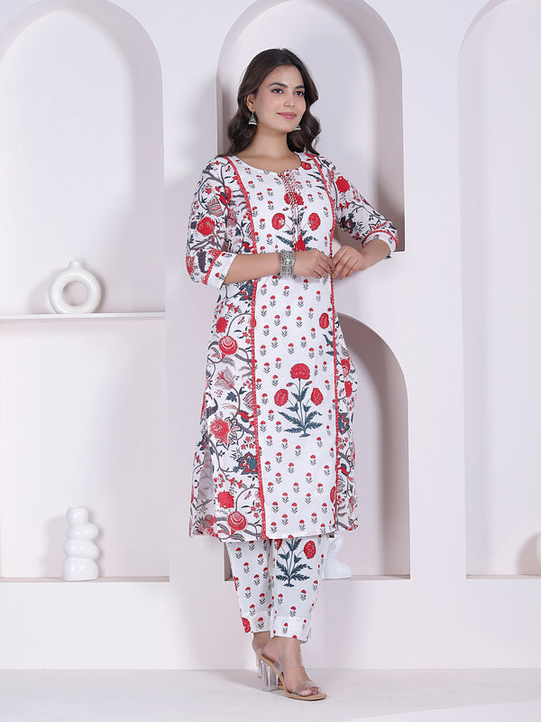 Red Floral Printed Cotton Straight Kurta Pant Set with Printed Dupatta
