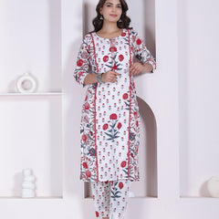 Red Floral Printed Cotton Straight Kurta Pant Set with Printed Dupatta