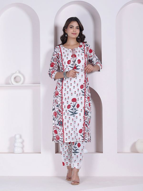 Red Floral Printed Cotton Straight Kurta Pant Set with Printed Dupatta