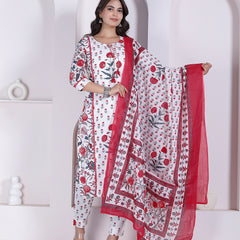 Red Floral Printed Cotton Straight Kurta Pant Set with Printed Dupatta