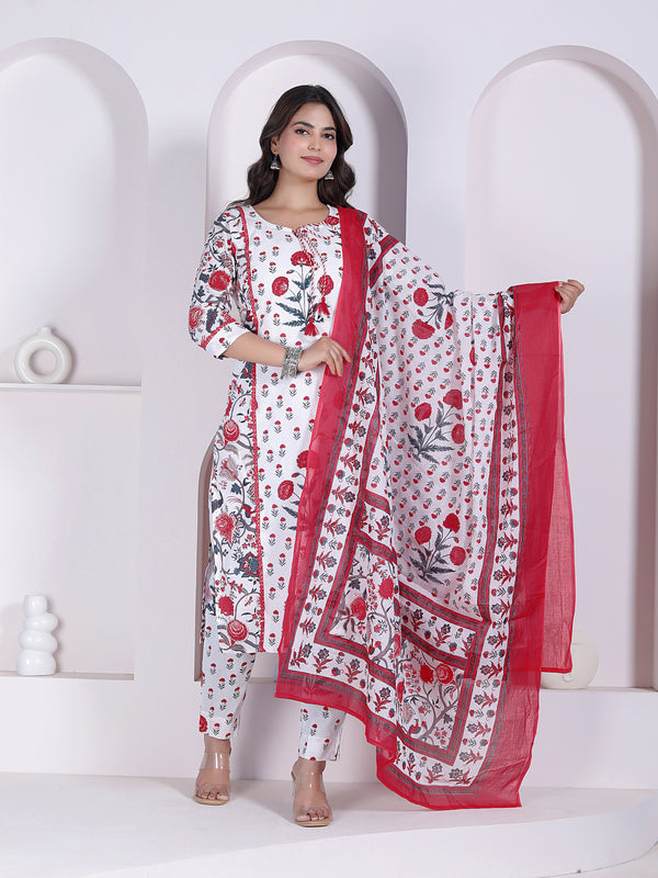 Red Floral Printed Cotton Straight Kurta Pant Set with Printed Dupatta