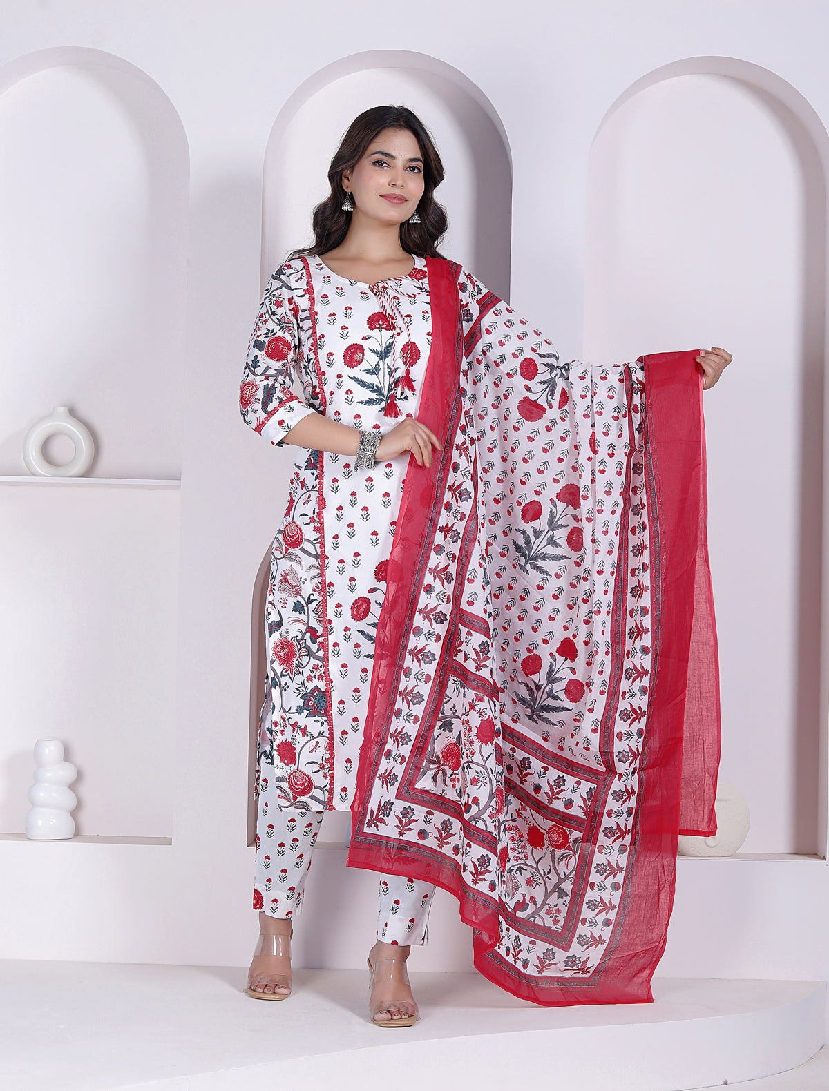 Floral Printed Cotton Straight Kurta Pant Set with Printed Dupatta
