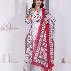 Red Floral Printed Cotton Straight Kurta Pant Set with Printed Dupatta