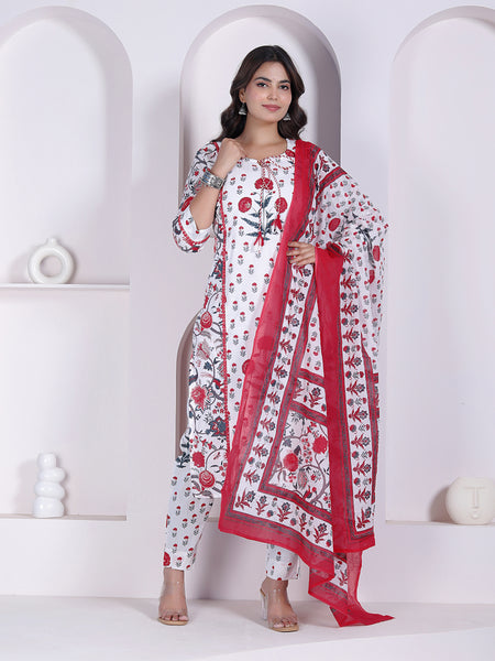 Red Floral Printed Cotton Straight Kurta Pant Set with Printed Dupatta