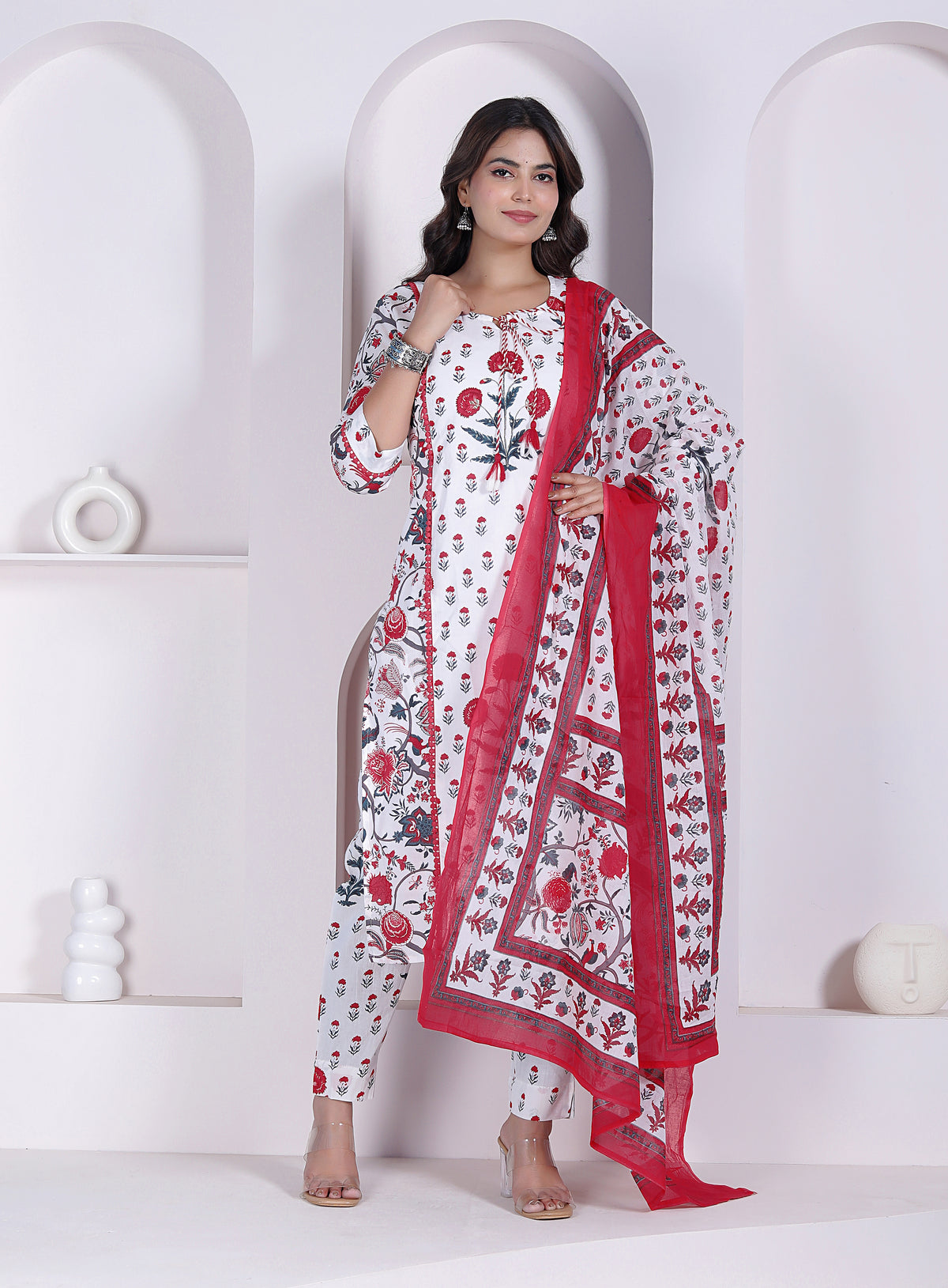 Floral Printed Cotton Straight Kurta Pant Set with Printed Dupatta