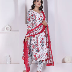 Red Floral Printed Cotton Straight Kurta Pant Set with Printed Dupatta