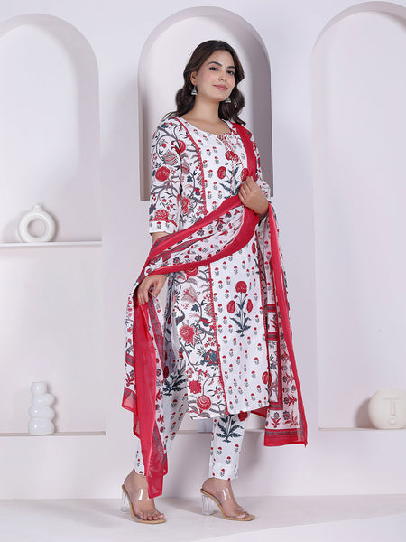 Red Floral Printed Cotton Straight Kurta Pant Set with Printed Dupatta