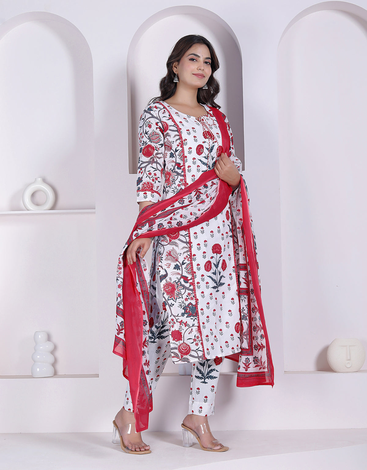 Floral Printed Cotton Straight Kurta Pant Set with Printed Dupatta