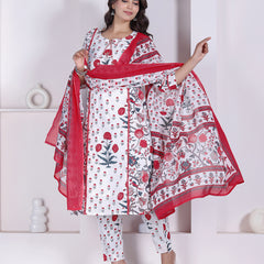 Red Floral Printed Cotton Straight Kurta Pant Set with Printed Dupatta