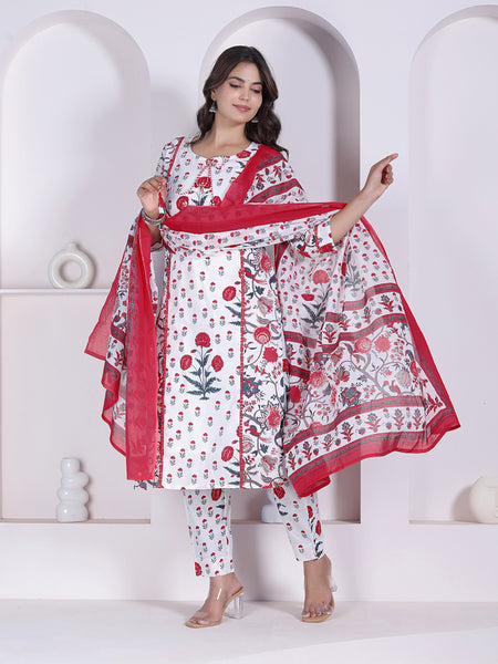 Red Floral Printed Cotton Straight Kurta Pant Set with Printed Dupatta