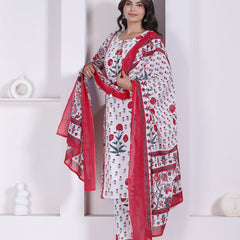 Red Floral Printed Cotton Straight Kurta Pant Set with Printed Dupatta
