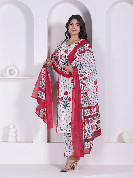 Red Floral Printed Cotton Straight Kurta Pant Set with Printed Dupatta