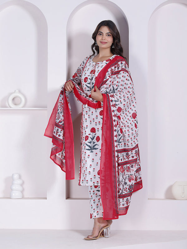 Red Floral Printed Cotton Straight Kurta Pant Set with Printed Dupatta
