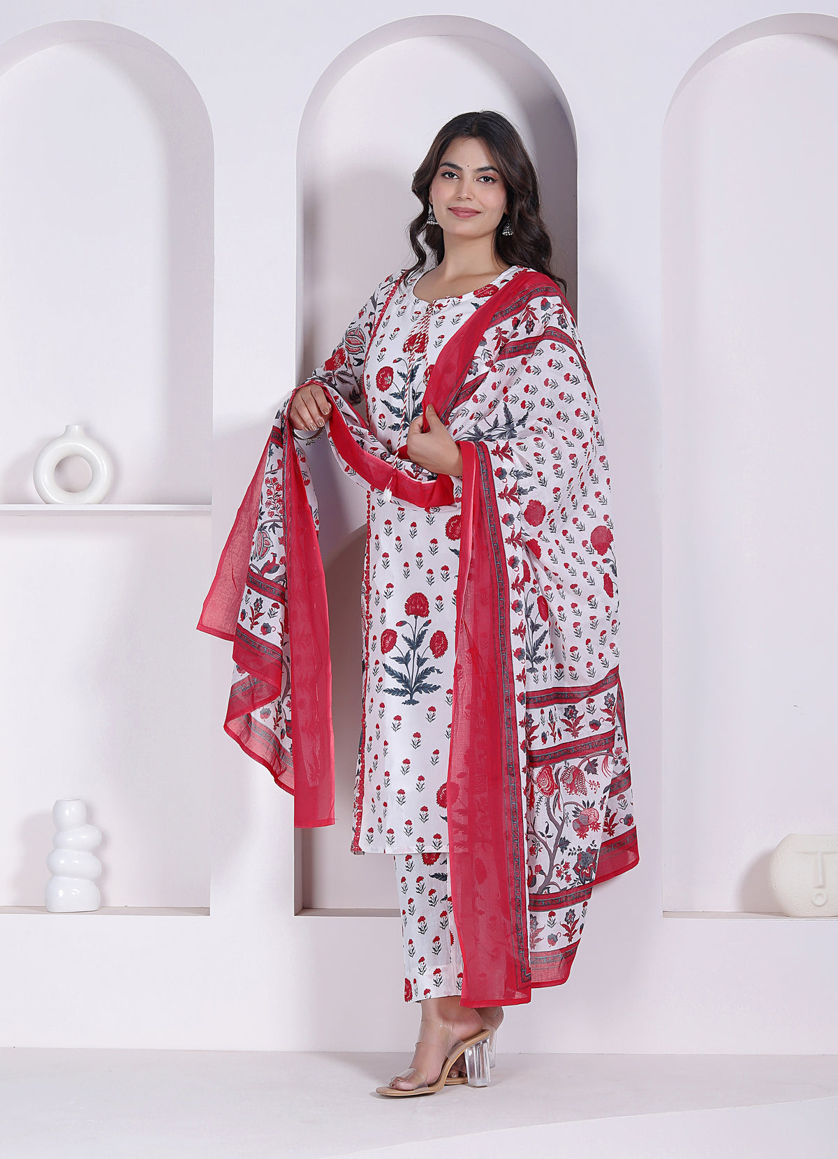 Floral Printed Cotton Straight Kurta Pant Set with Printed Dupatta