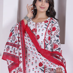 Red Floral Printed Cotton Straight Kurta Pant Set with Printed Dupatta