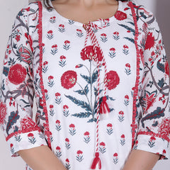 Red Floral Printed Cotton Straight Kurta Pant Set with Printed Dupatta