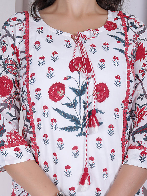 Red Floral Printed Cotton Straight Kurta Pant Set with Printed Dupatta